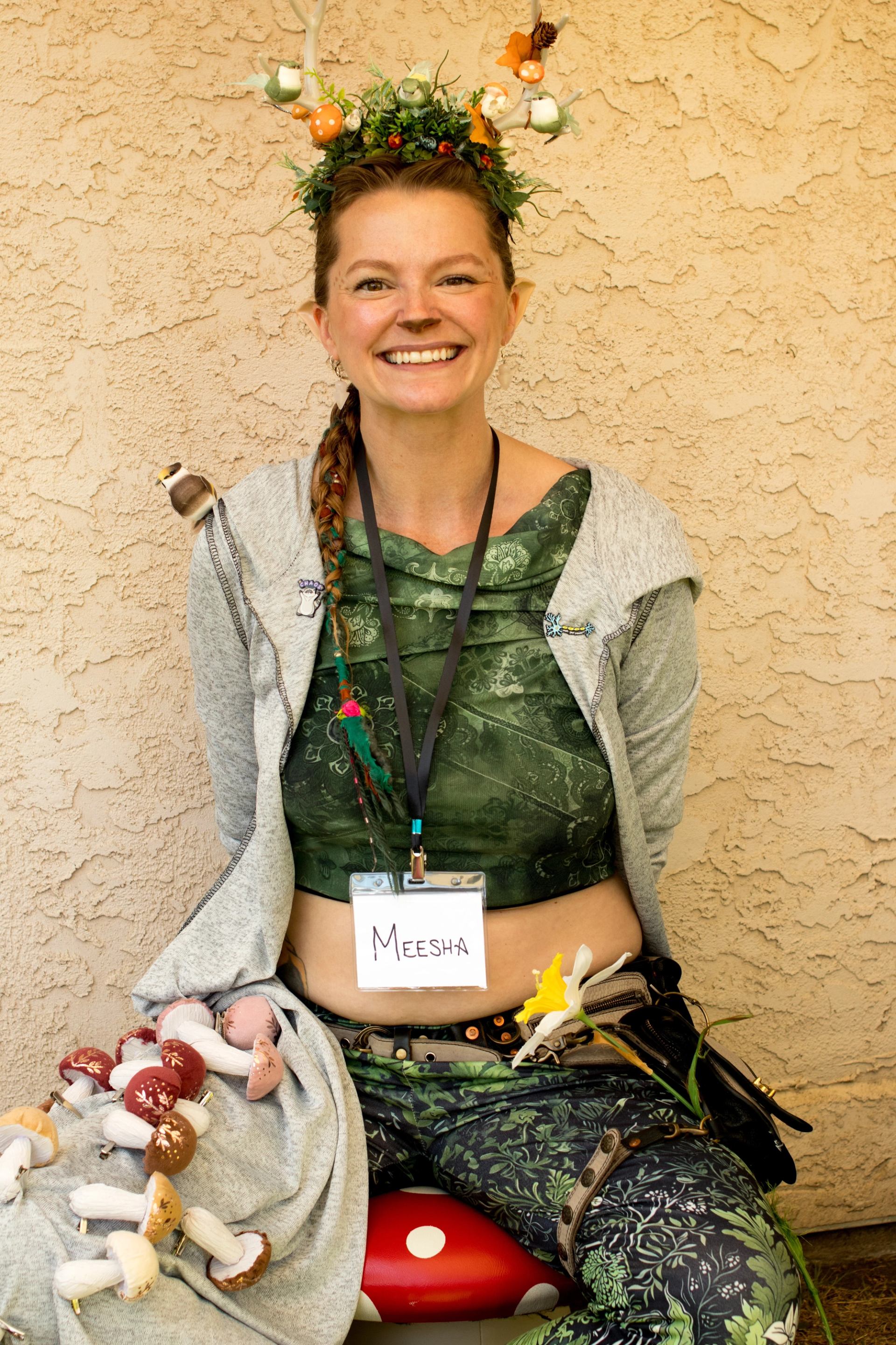 A volunteer attired in mushroom costume