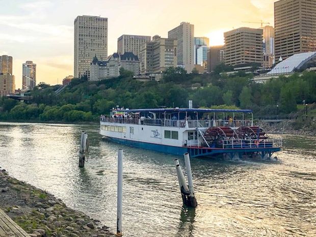 The Edmonton Riverboat with the Edmonton Cityscape in the background.