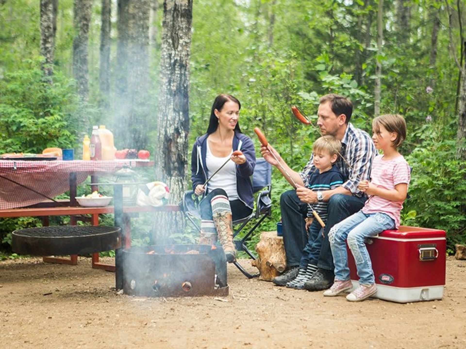 A mother, father, a young boy, and a young girl roast hotdogs around a fire pit.