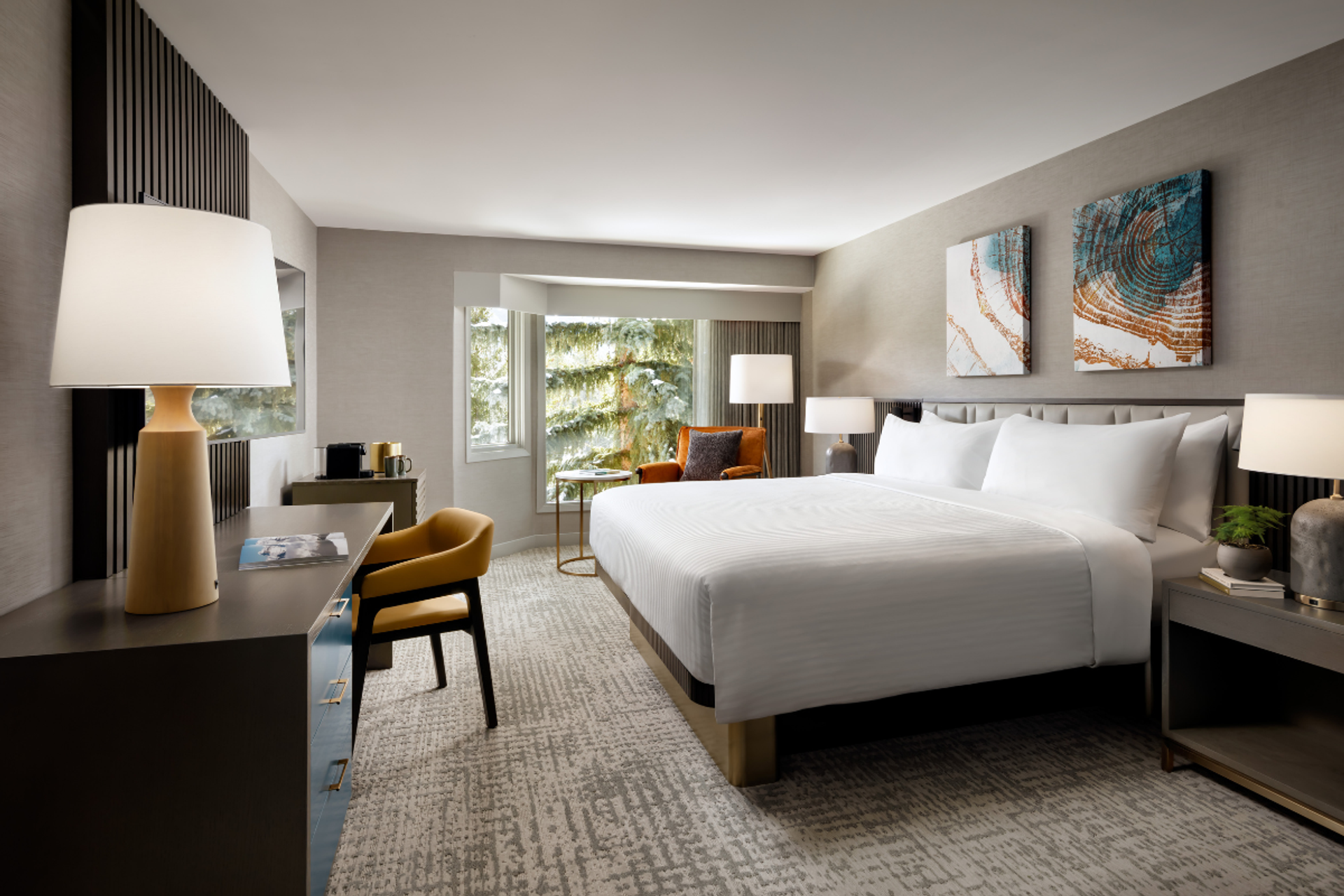 Modern hotel room with king bed, desk, armchair and window overlooking evergreen trees.