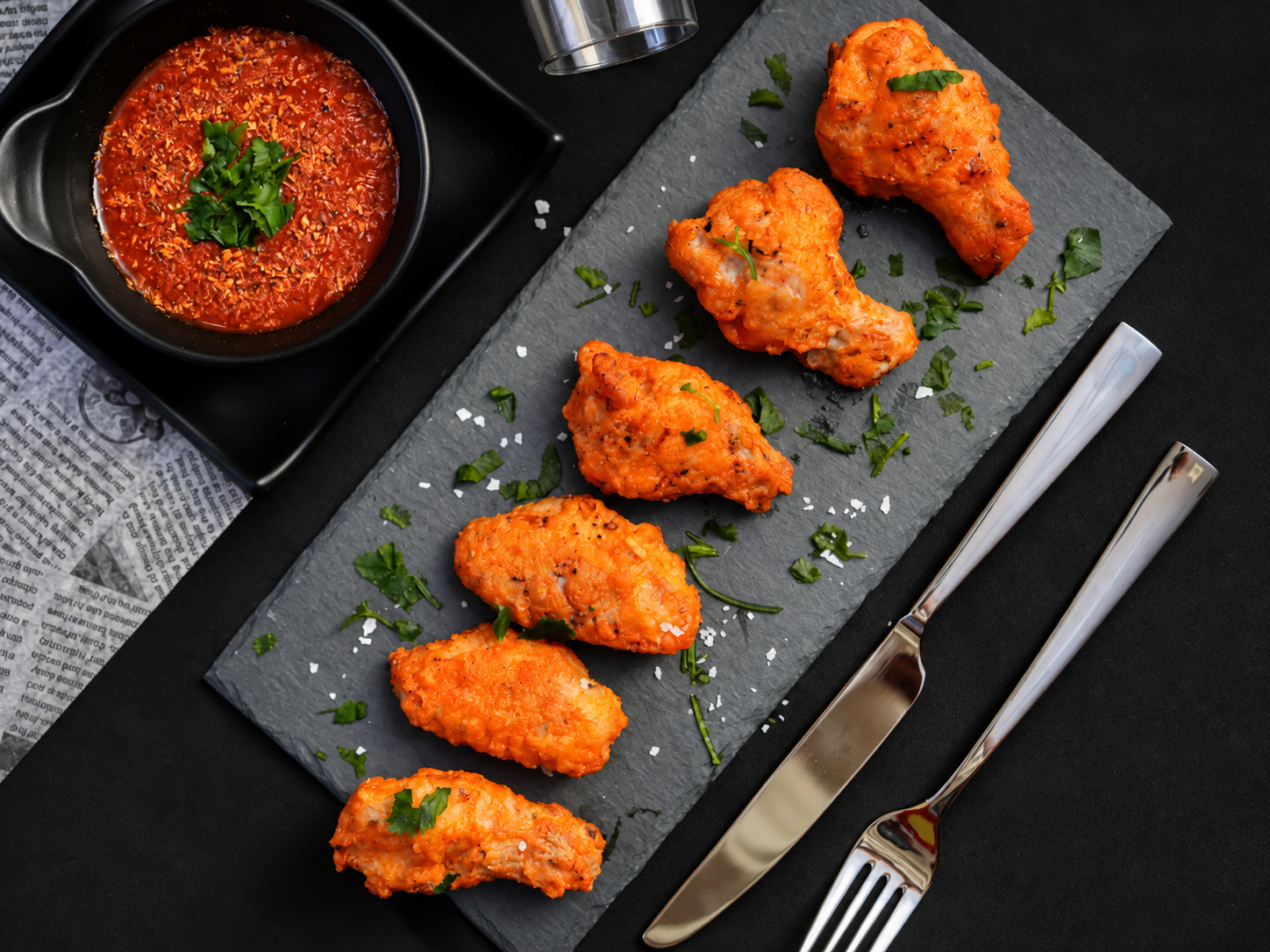Spicy chicken wings with herbs and coarse salt beside a bowl of red dipping sauce.