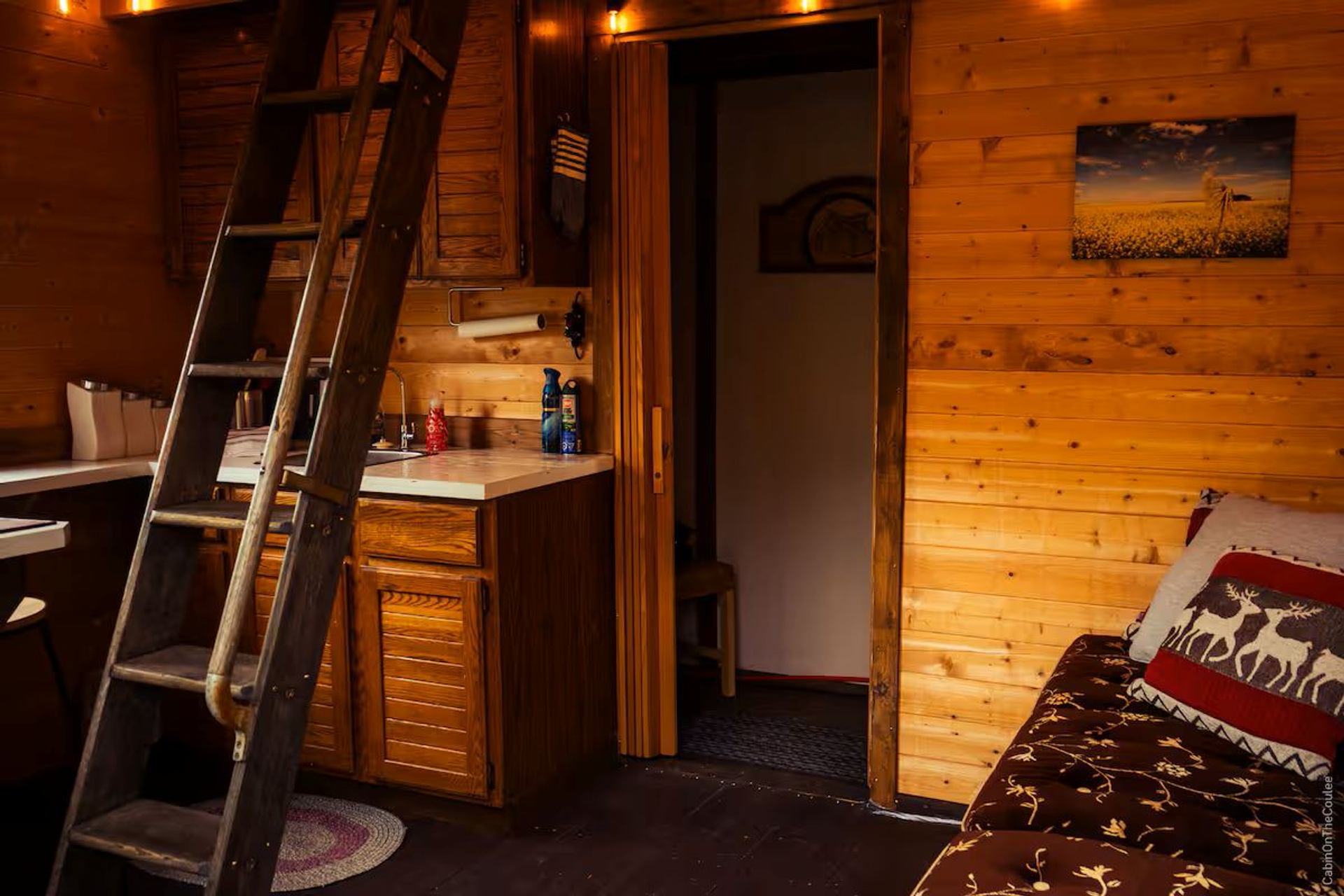 Cabin interior showing kitchen cabinets, a ladder, and a patterned sofa.