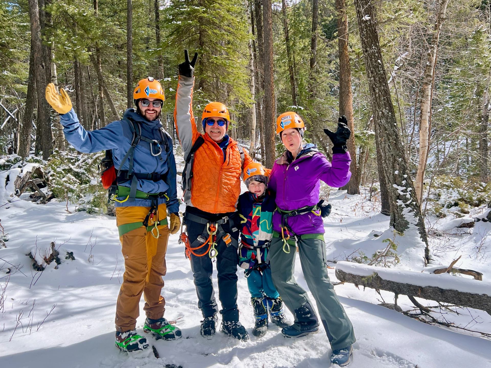 Four participants standing in snow wearing helmets and harnesses in a forest setting.