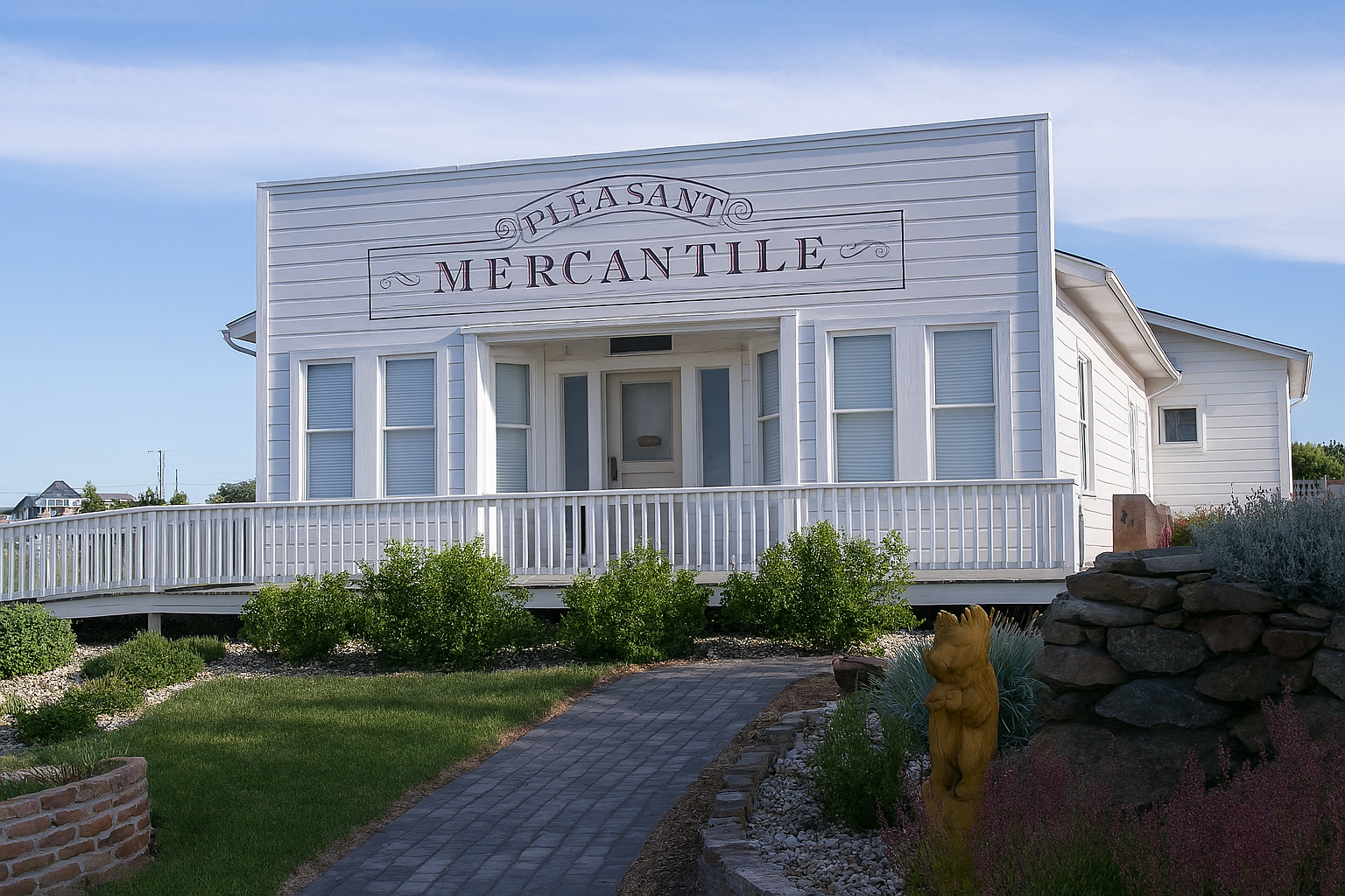 White historic mercantile building with a front porch and walkway leading through a garden.
