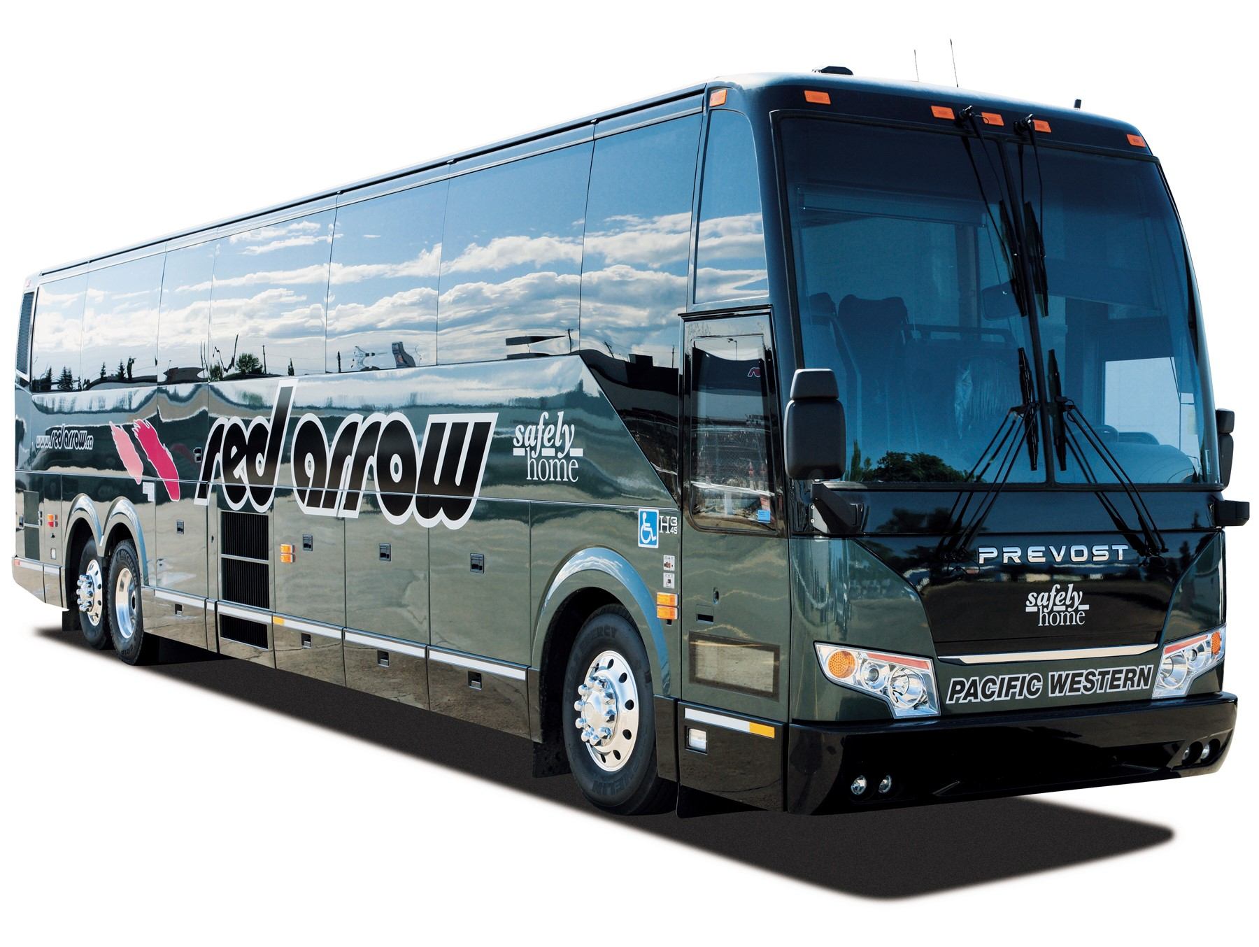 Dark green Red Arrow coach bus with reflective windows and 'PREVOST' on front.