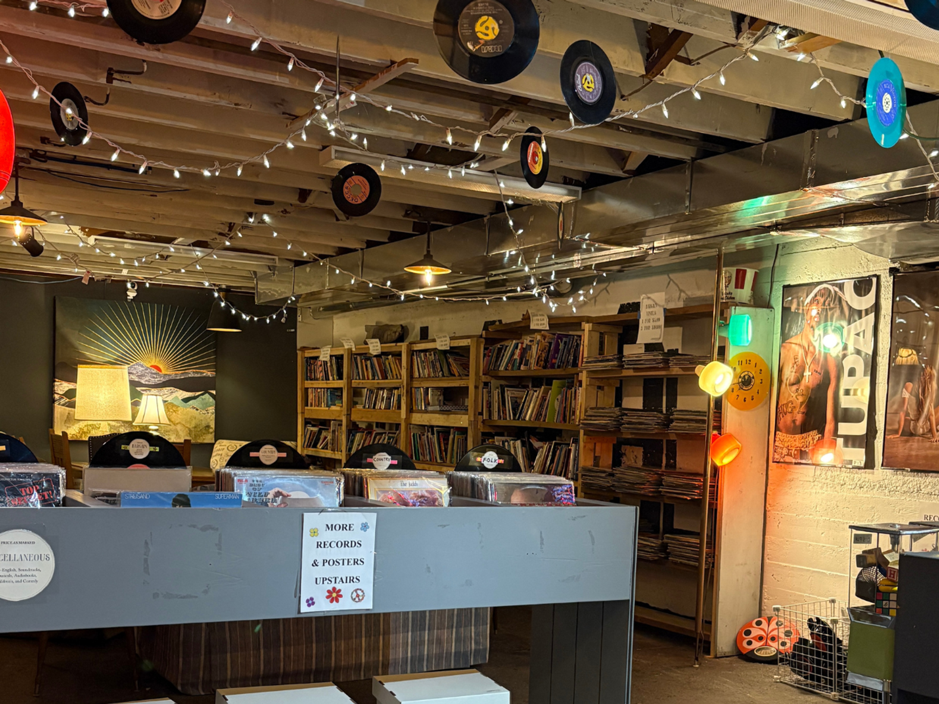 Found Books lower level with 70s vibes, posters, vinyl records, used books