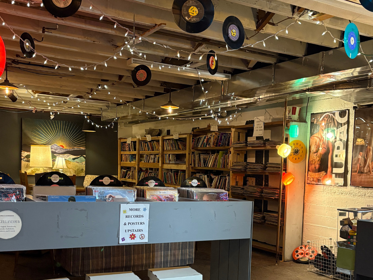 Found Books lower level with 70s vibes, posters, vinyl records, used books