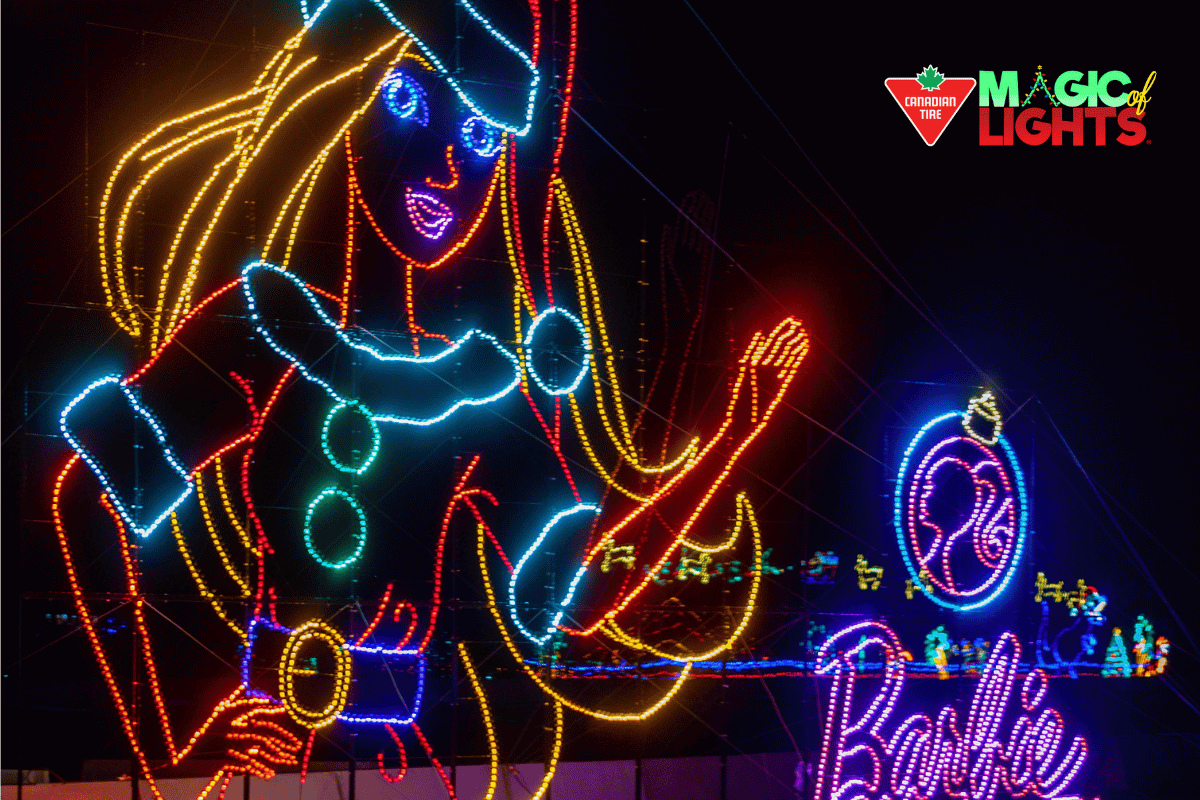 Bright Barbie-themed holiday light display at Magic of Lights.