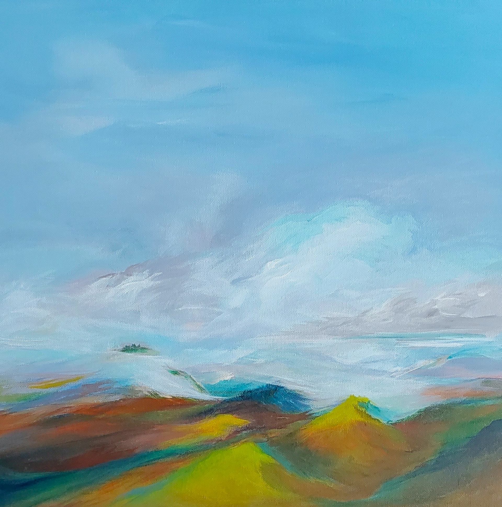 Abstract landscape painting with vivid hills under a bright blue sky.
