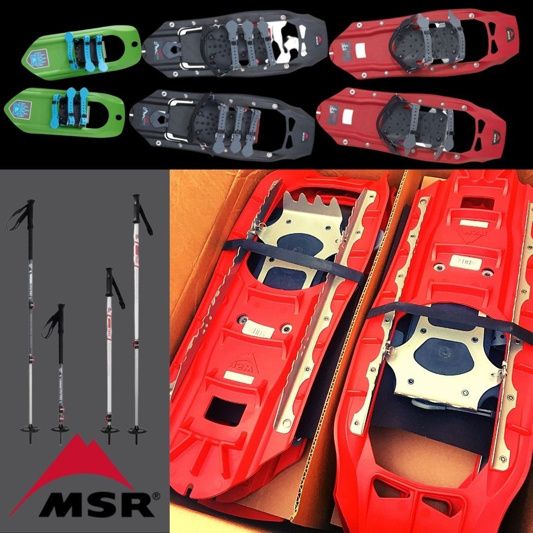 Collage of snowshoes and trekking poles in various colors and styles.