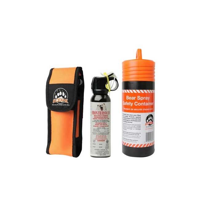 Bear spray gear including canister, safety container, and carrying case.