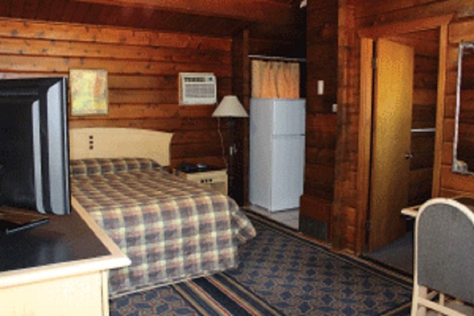 Rustic motel room with wood walls, bed, TV, fridge, and bathroom.