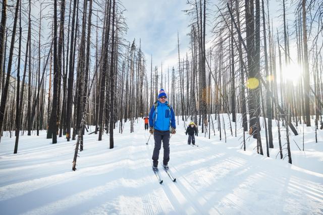 Family on a guided cross country ski tour with Tamarack Outdoors in Waterton Lakes National Park