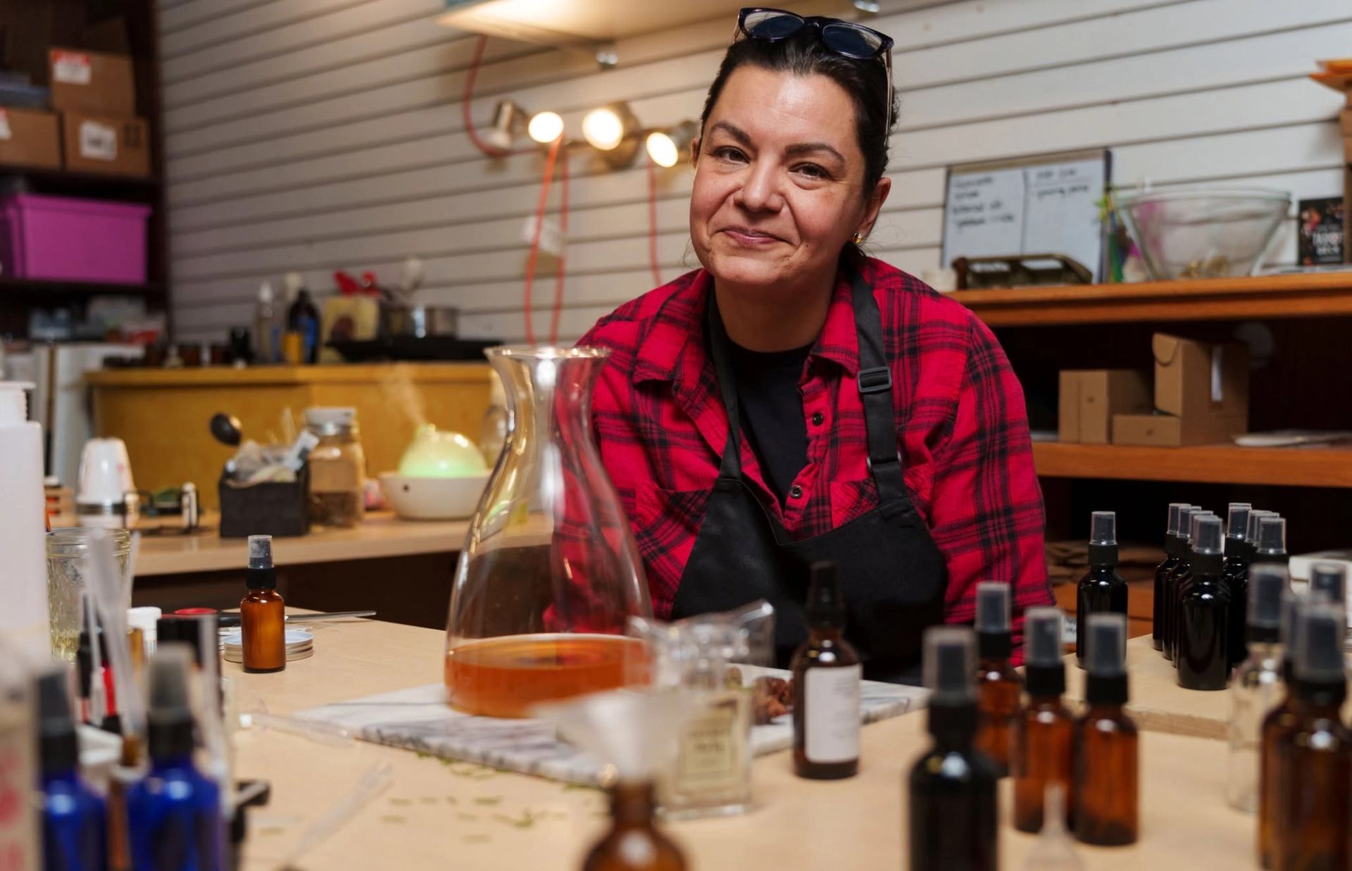 Person in red plaid shirt sits at workbench with glass bottles and mixing supplies.