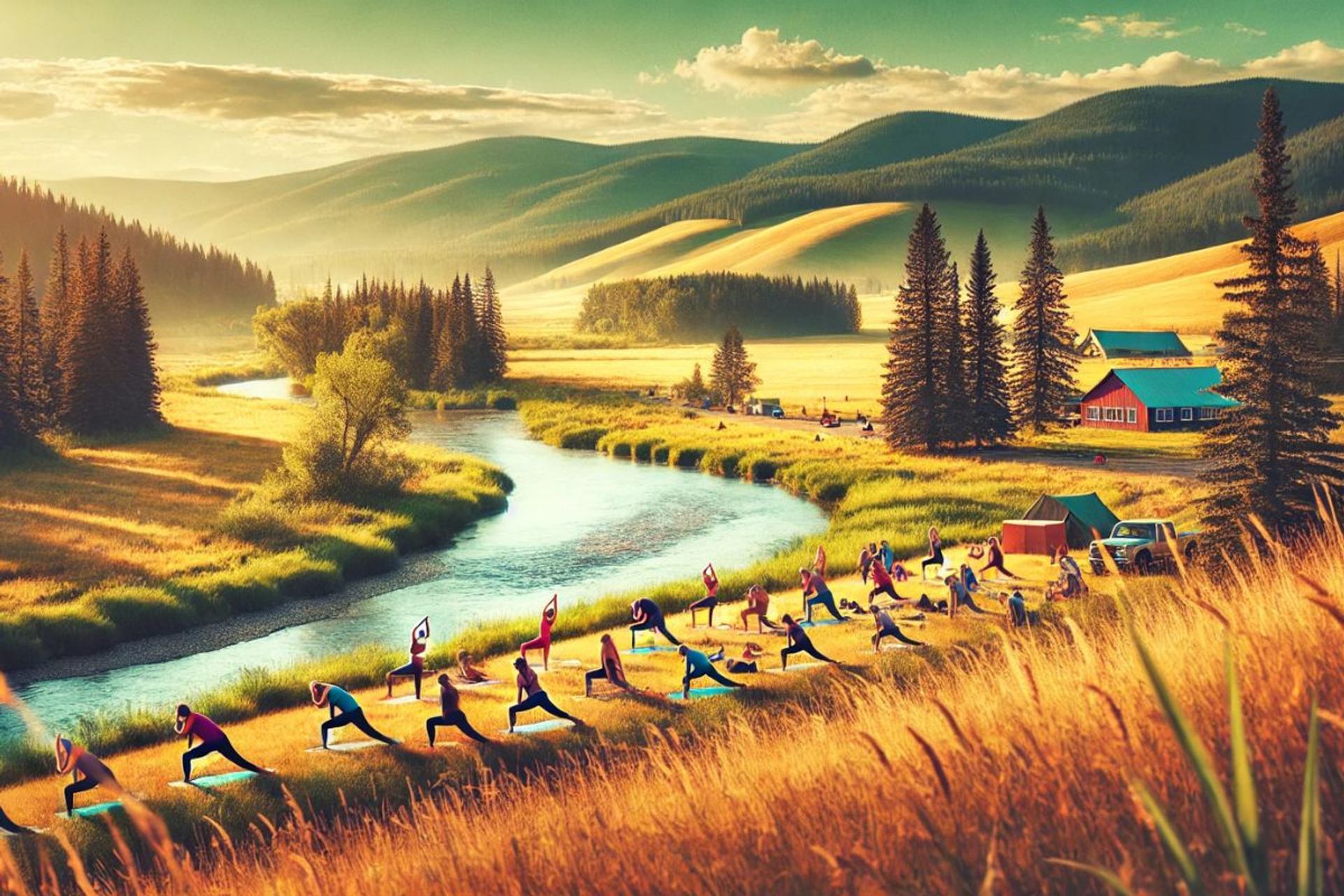 Group practicing yoga beside winding river with mountains and cabins in scenic valley.