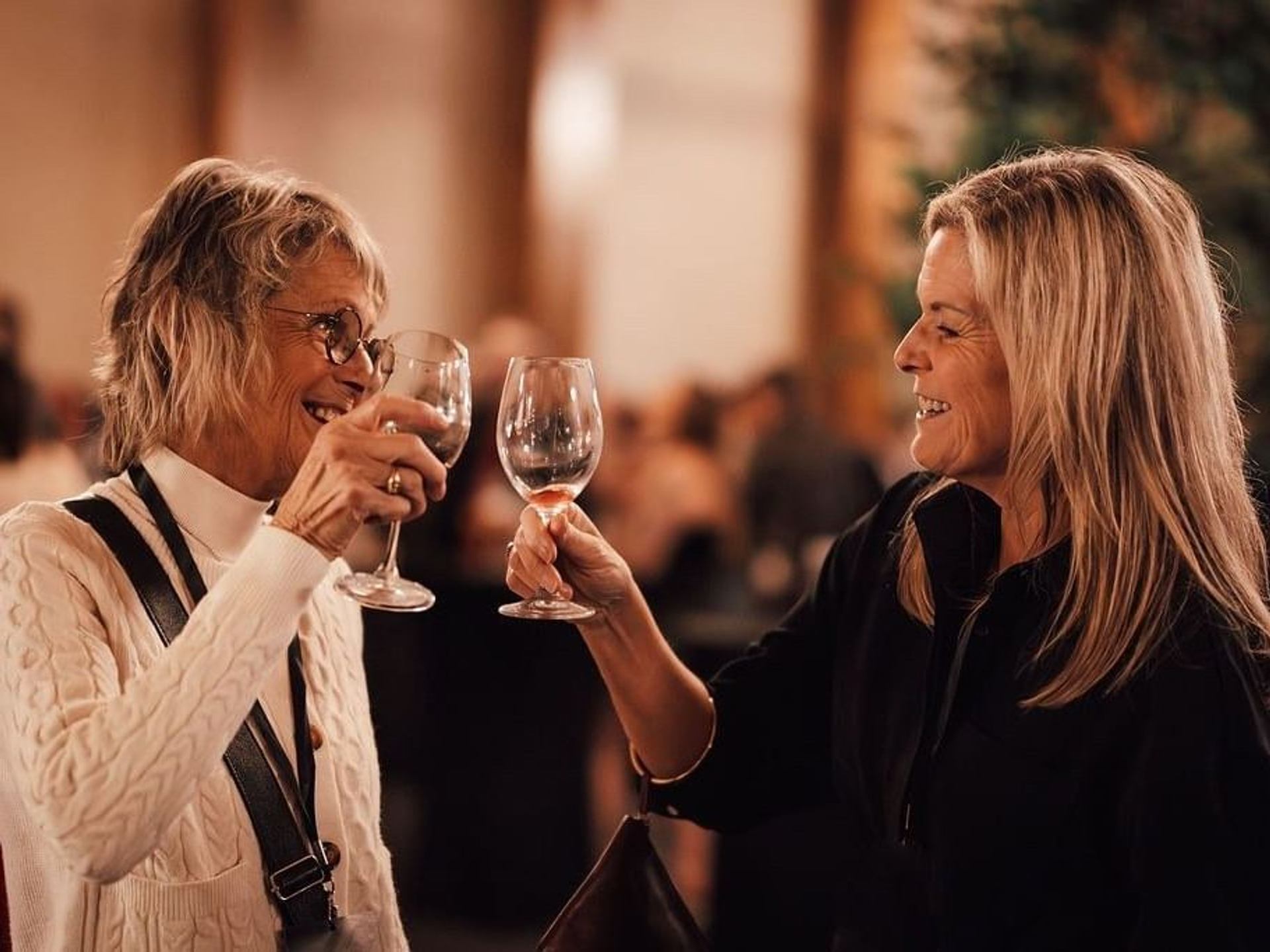 Two people raise wine glasses while smiling at each other indoors.