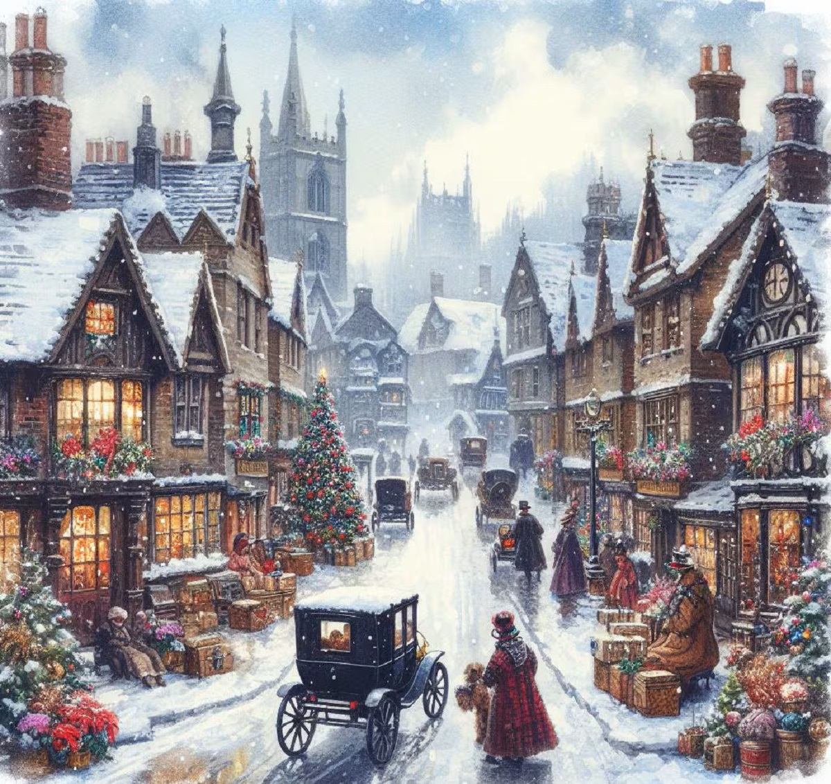 A cozy twilight street with warm lamplight and fresh snow.