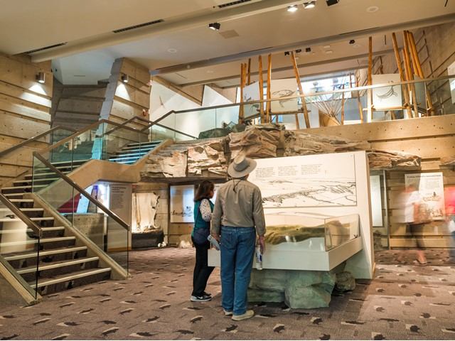 Museum exhibit display with large stone model, glass cases, and two visitors in hallway.