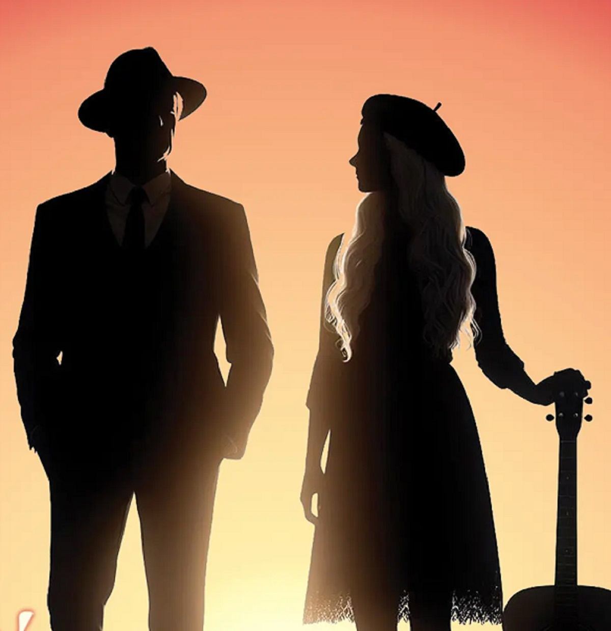Silhouetted couple in cowboy hats beside a guitar on a warm orange backdrop.