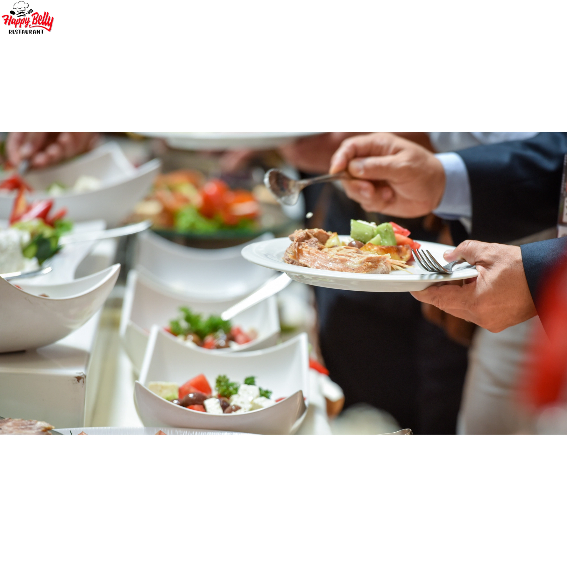 Buffet table with assorted salads as people serve food onto white plates.