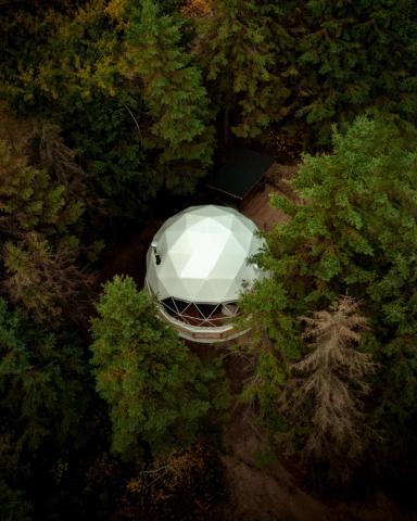 Aerial view of dome cabin at Elk Island Retreat.