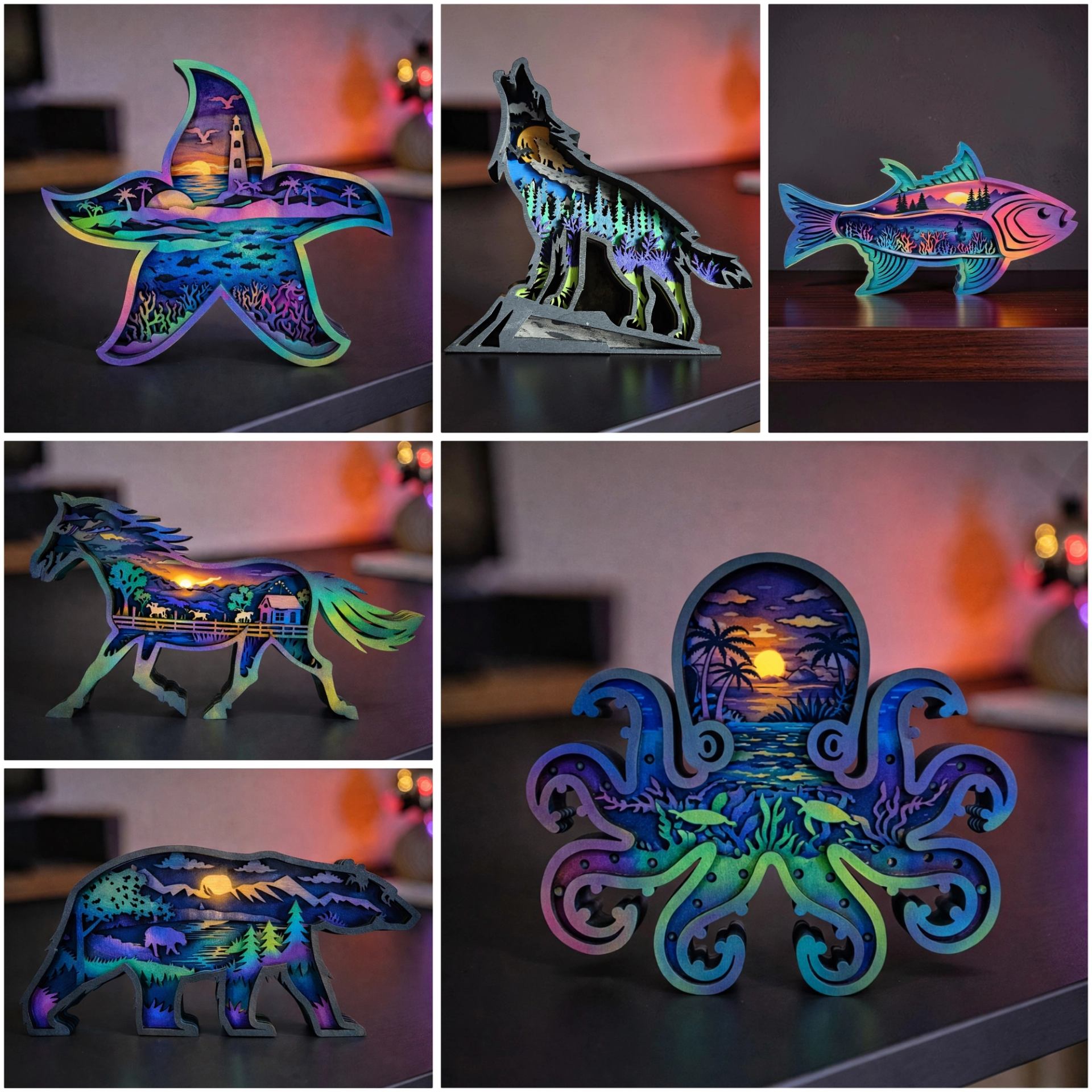 Collage of colourful animal-shaped wooden lamps with ocean and forest sunset scenes.