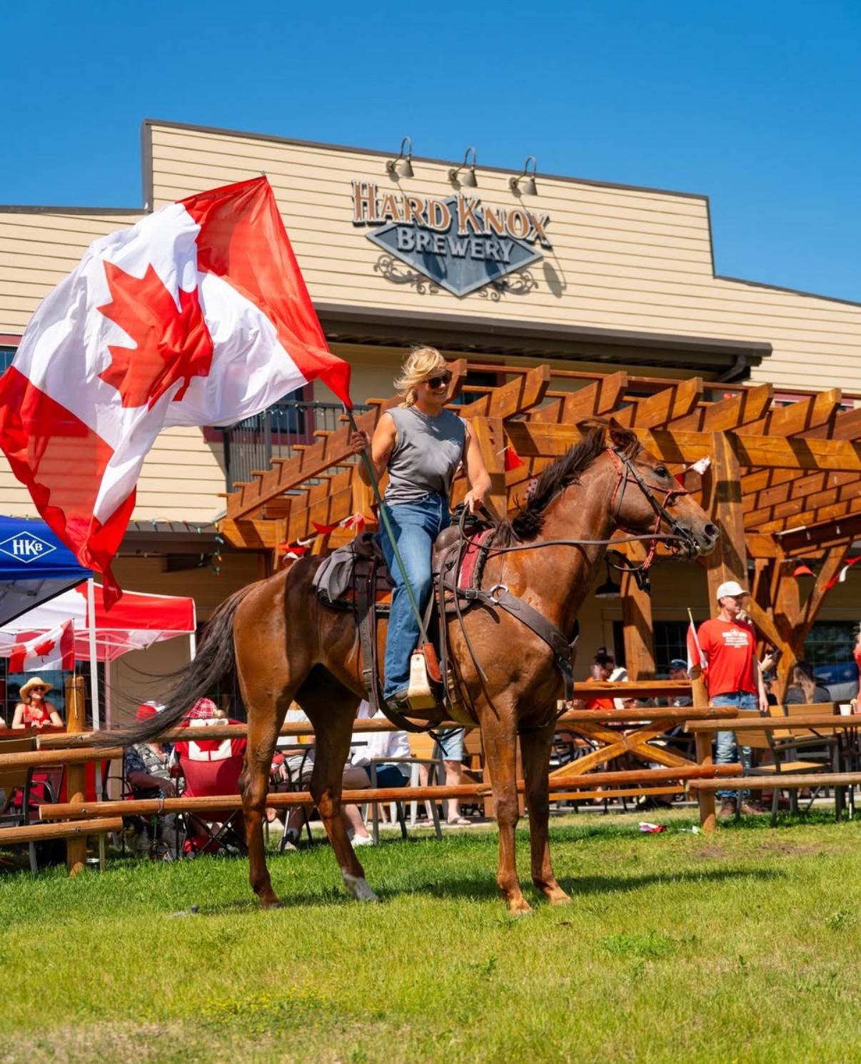 A rider on horseback holding a Canadian flag in front of Hard Knox™ Brewery on a sunny day.