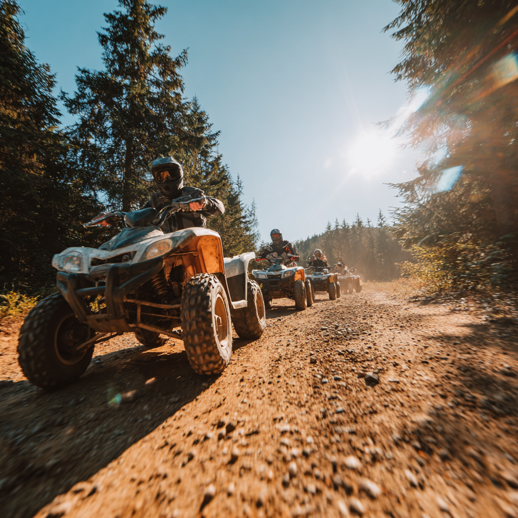 Helmeted riders drive all-terrain vehicles along a sunlit gravel trail through evergreen forest.