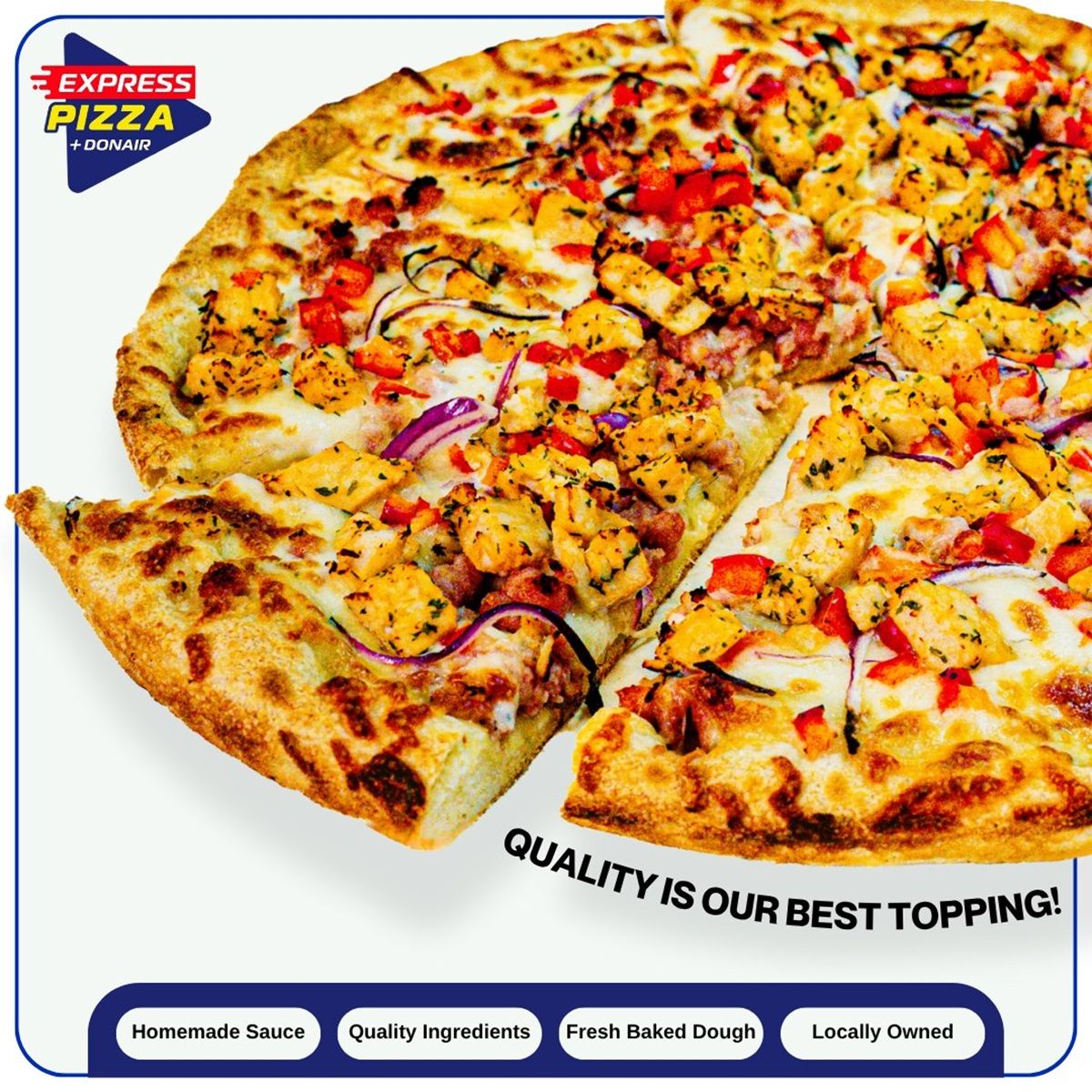 Pan-proofed pizza with chicken, bacon, ranch, red onions, and red peppers on a golden crust.