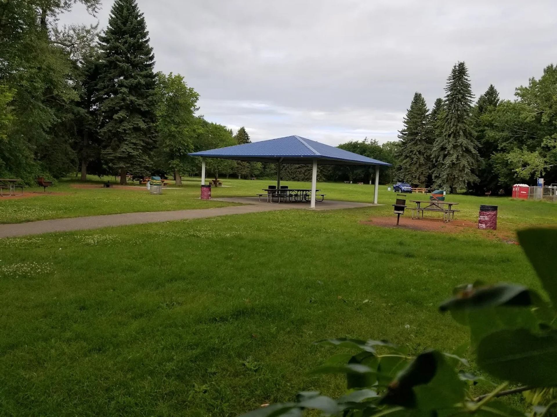 Park picnic shelter with blue roof, surrounding tables, grills and tall evergreen trees.