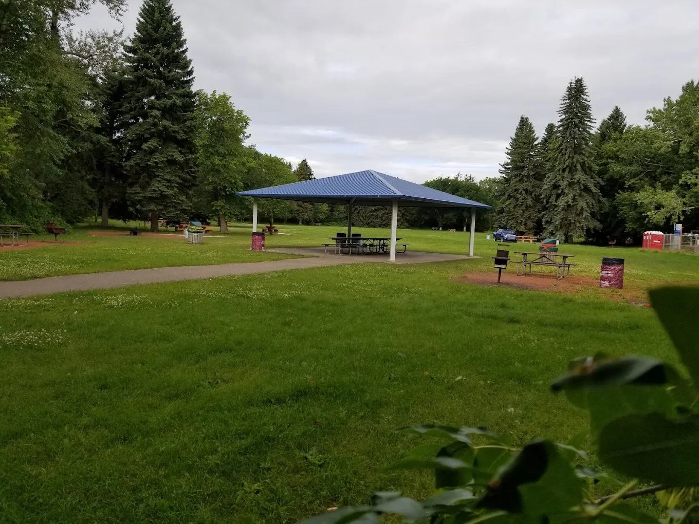 Park picnic shelter with blue roof, surrounding tables, grills and tall evergreen trees.