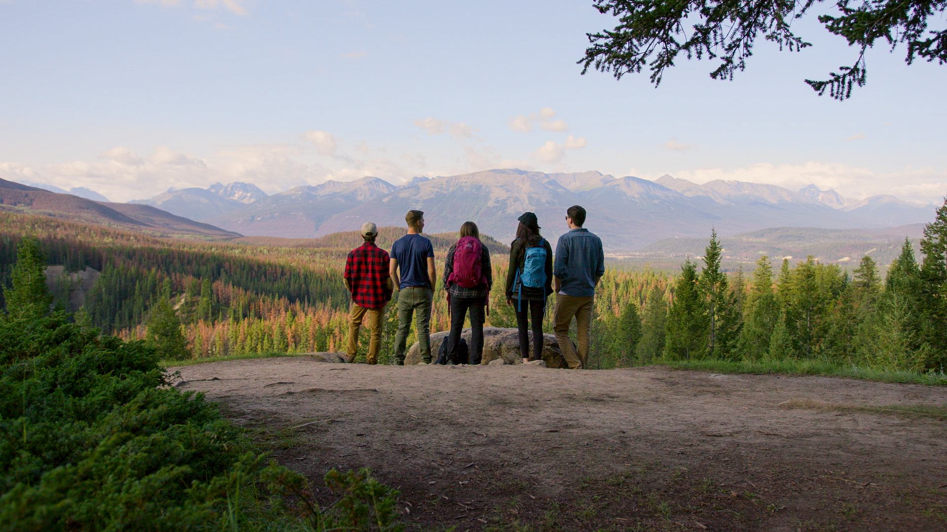 Hikers with backpacks stand on a lookout, facing a forested valley and mountains.