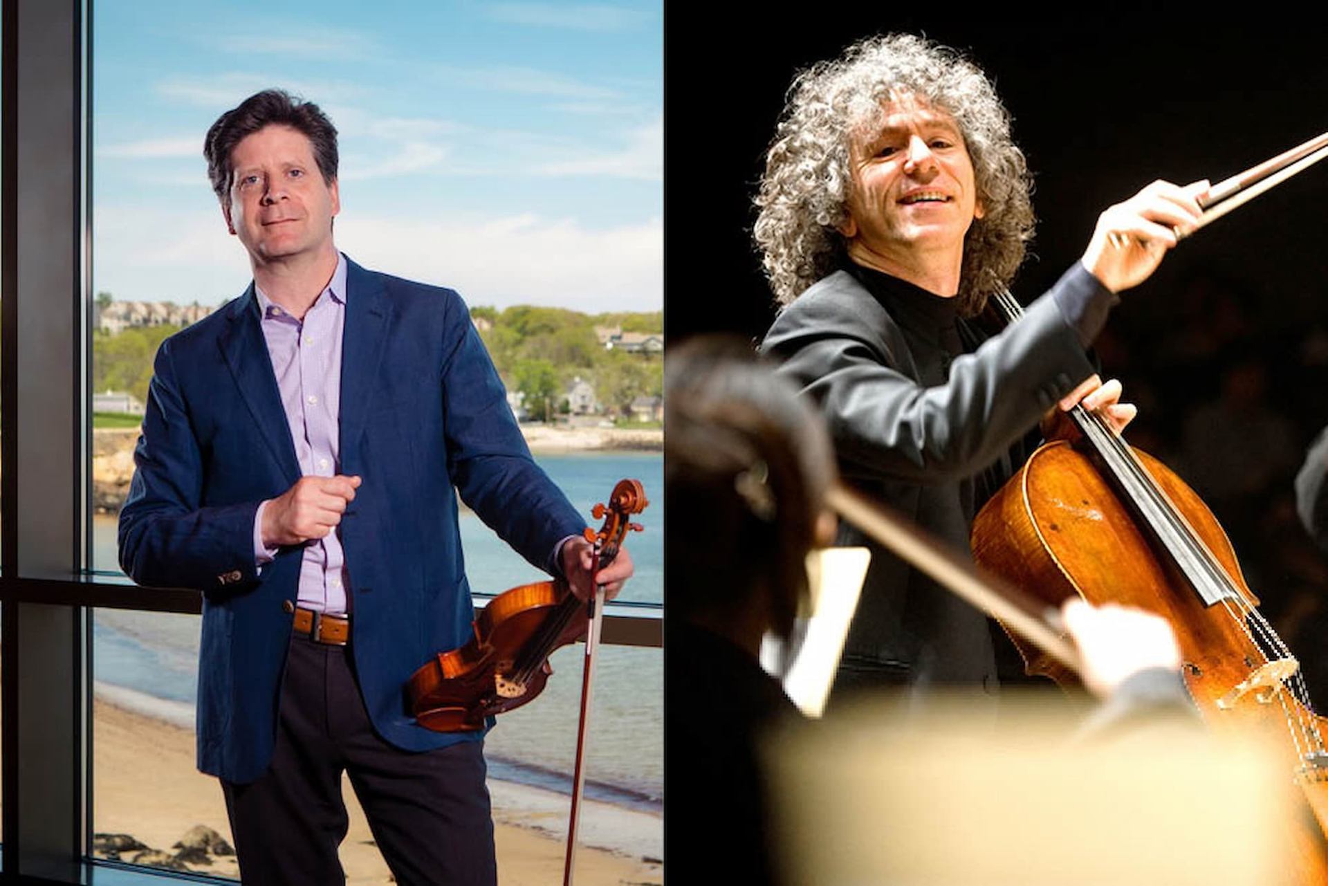 Split image of two musicians, one holding a violin, one playing a cello onstage.