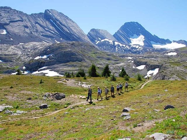 Group of hikers walking along an alpine trail with rugged, snow‑patched mountains behind them.