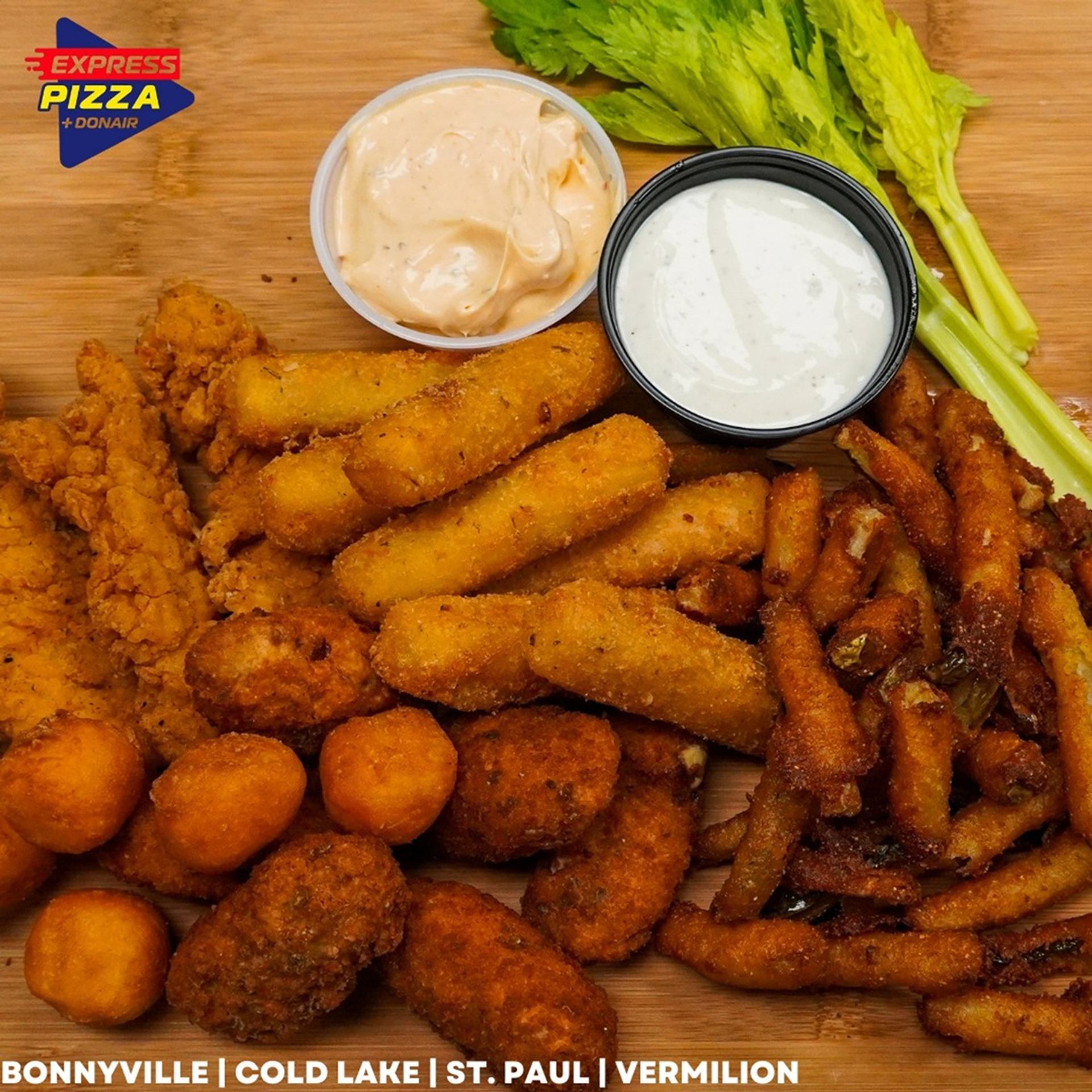 Crispy mozza sticks, wings, and deep-fried mushroom served with creamy dipping sauces.