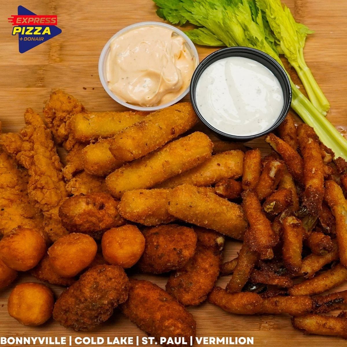 Crispy mozza sticks, wings, and deep-fried mushroom served with creamy dipping sauces.