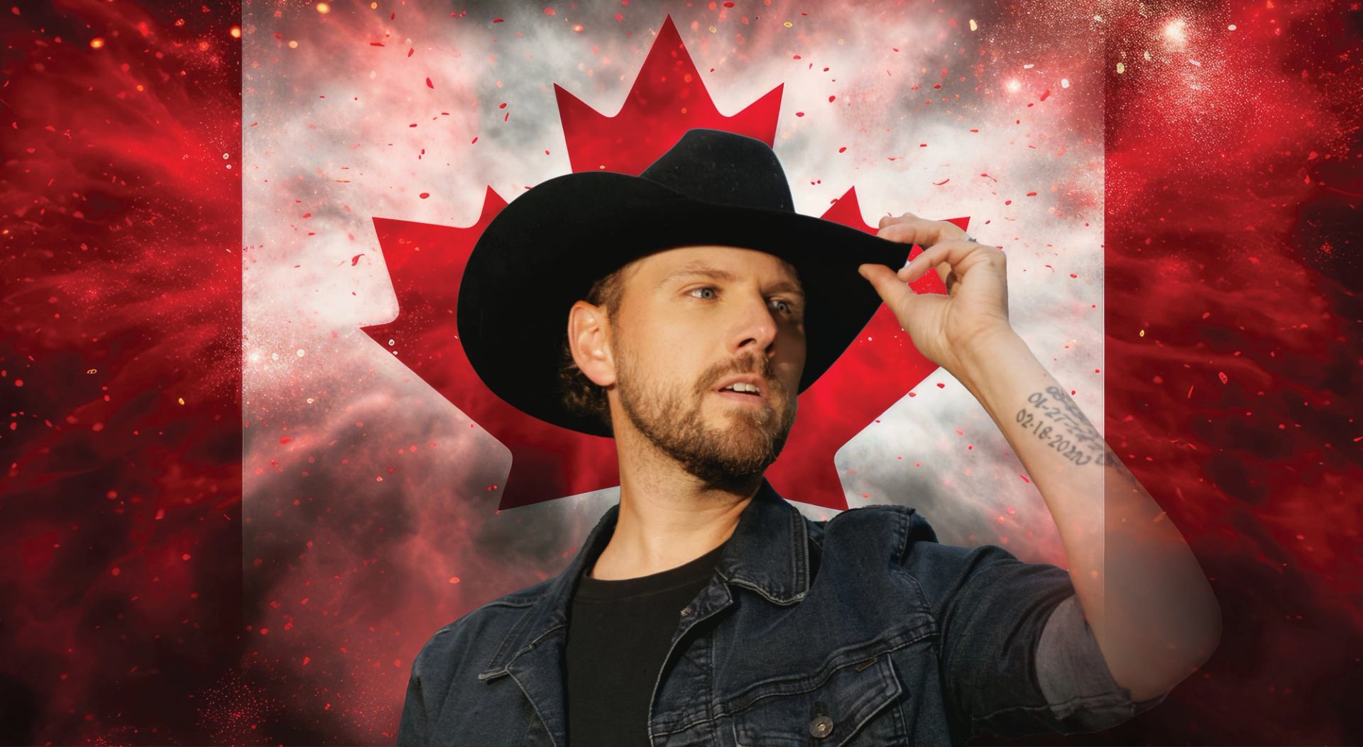 Performer tipping a hat in front of a large Canada flag background