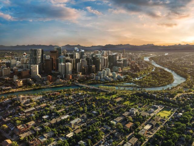 Scenic shot of the downtown Calgary skyline and the Bow River.