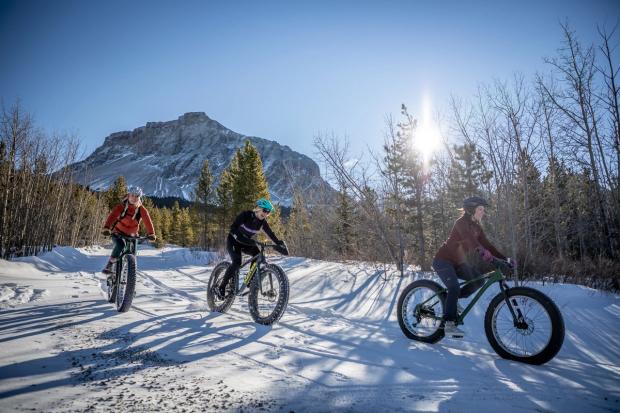 Group of women fatbiking on a trail on a sunny winter's day in Castle Provincial Park