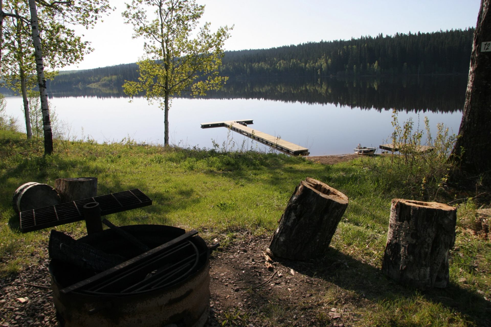 Lakeside campsite with fire pit, log seats, grassy shore and wooden dock on calm water.