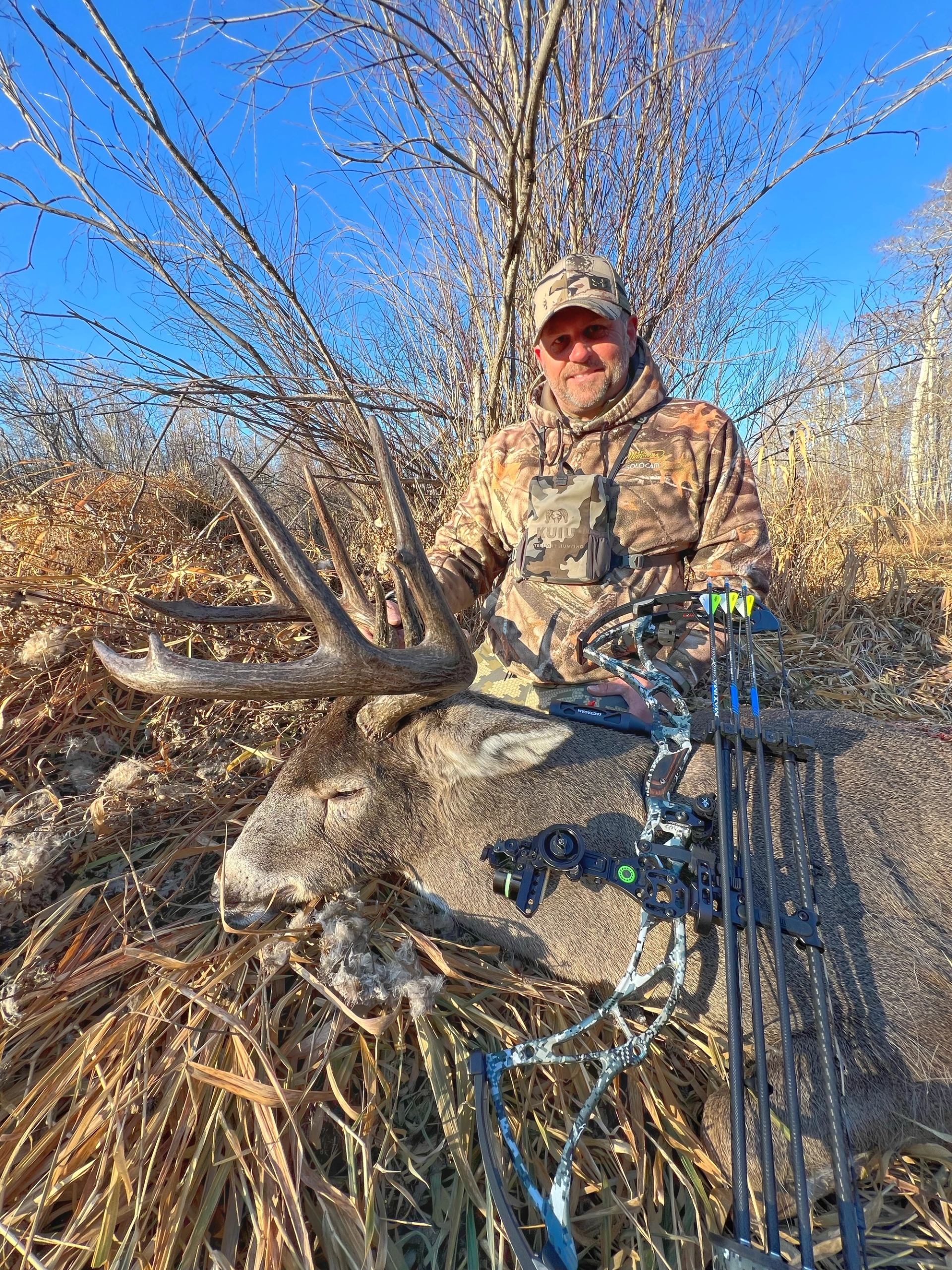 Camouflaged hunter kneels behind an antlered deer with a compound bow and arrows.