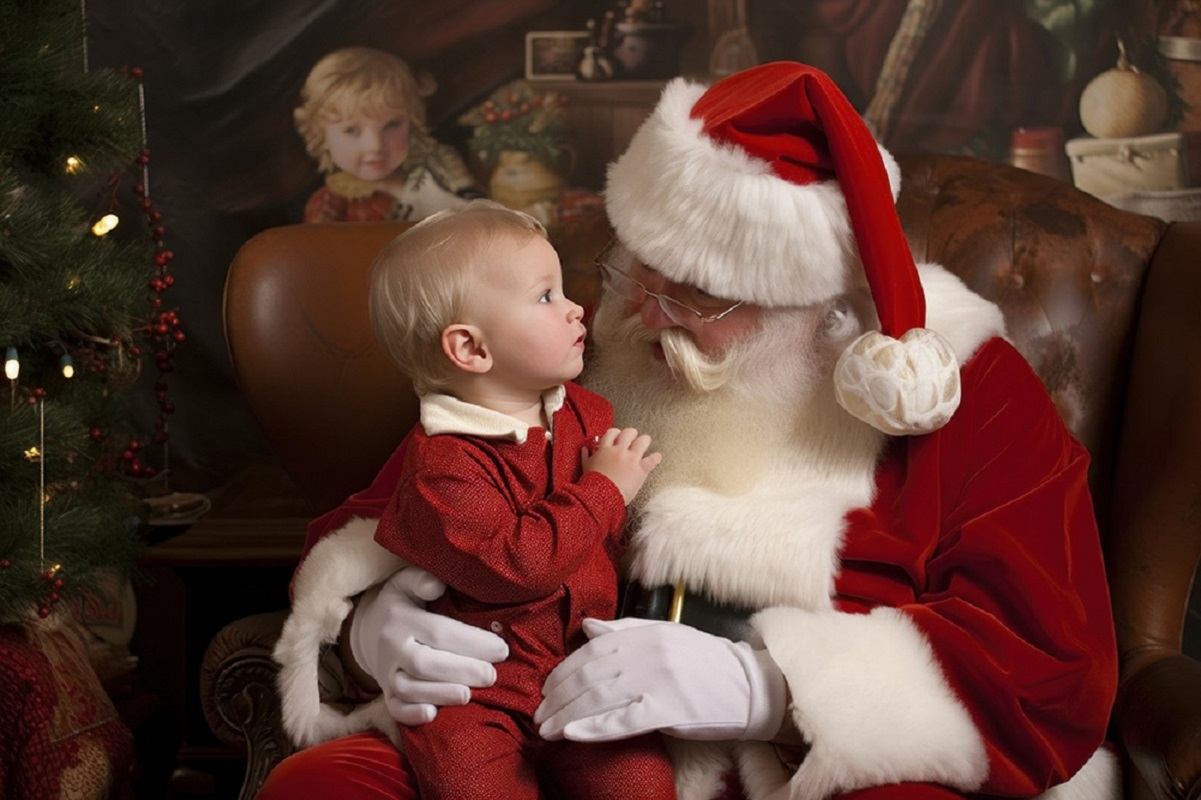 A small child dressed in red sits on Santa's lap.