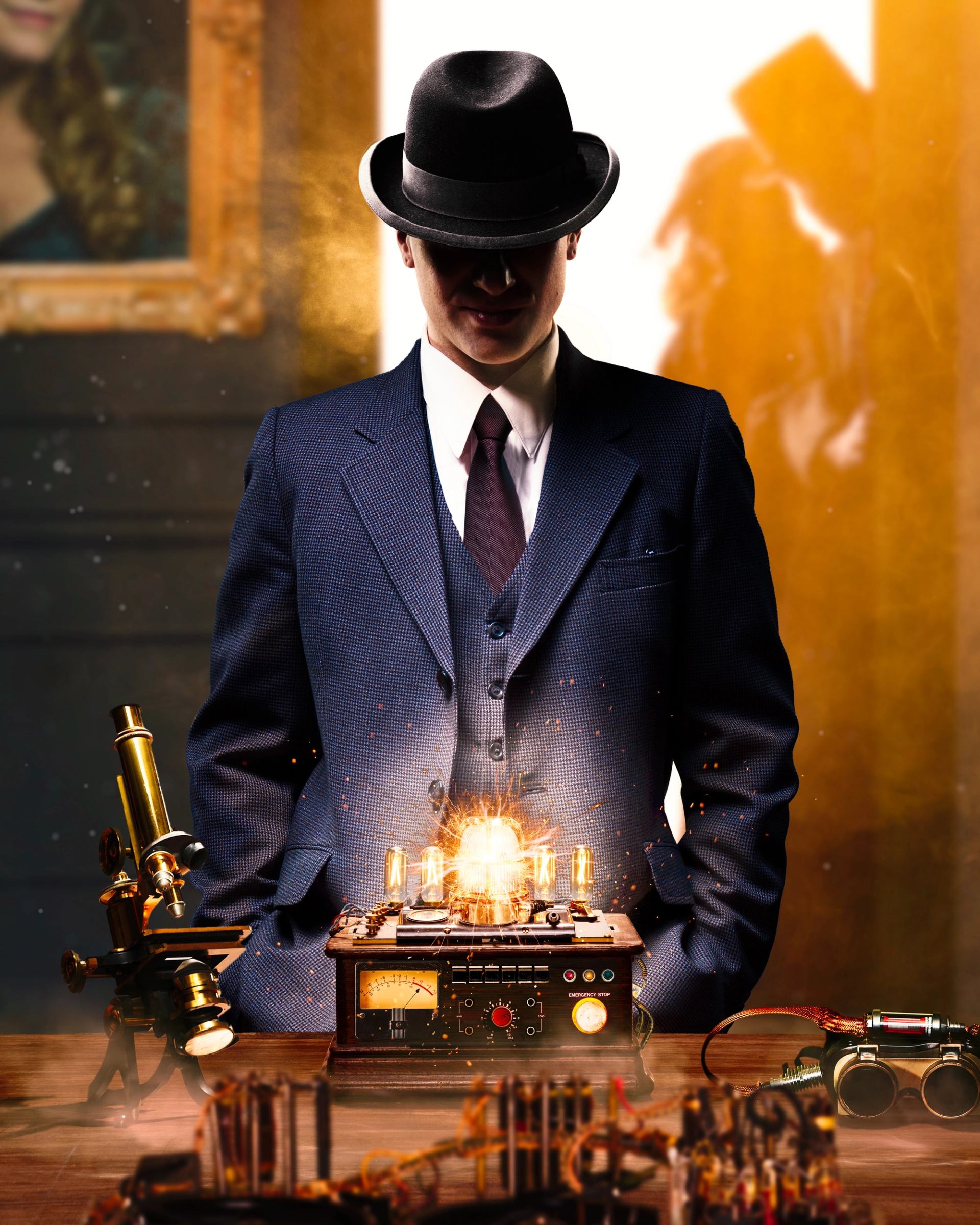 Person in suit and hat stands behind sparking vintage machine on wooden table.