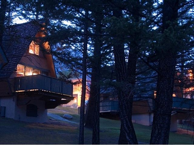 Douglas Fir Resort & Chalets lodge balconies beside tall pine trees at dusk.
