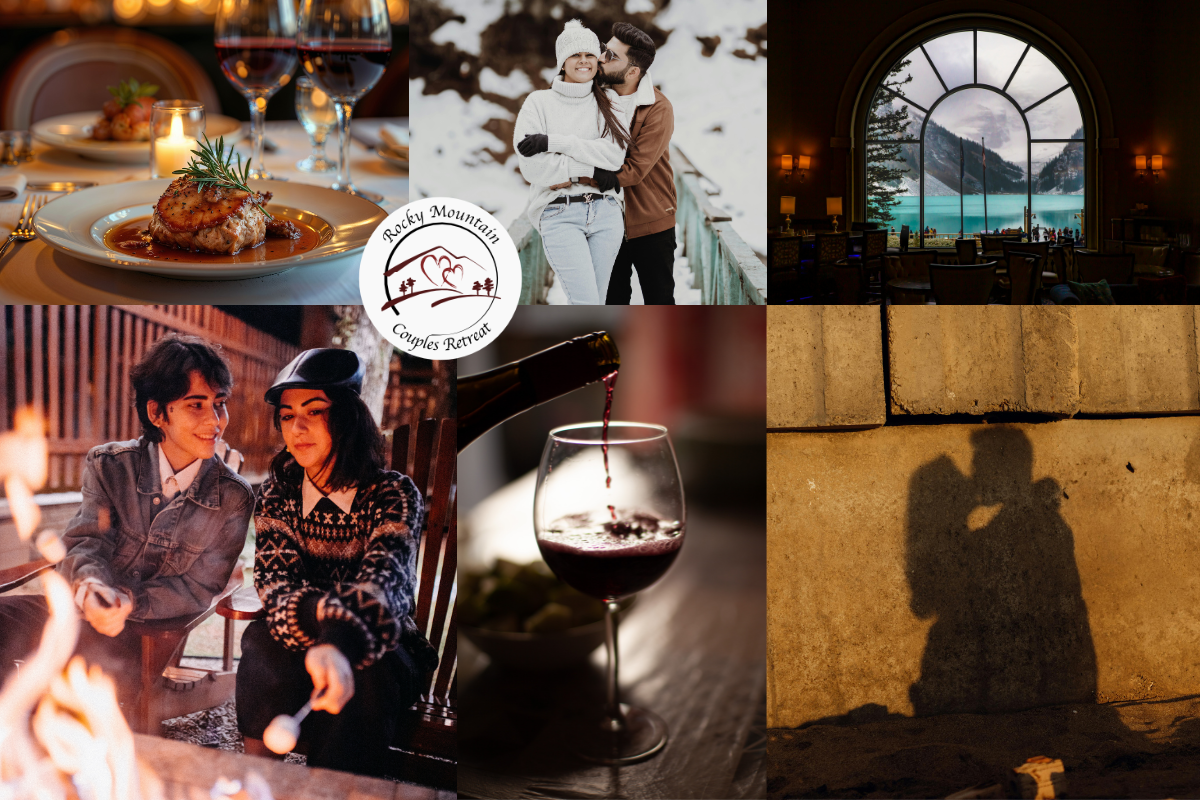 Romantic retreat collage featuring fine dining, cozy fireside moments, and scenic mountain views.