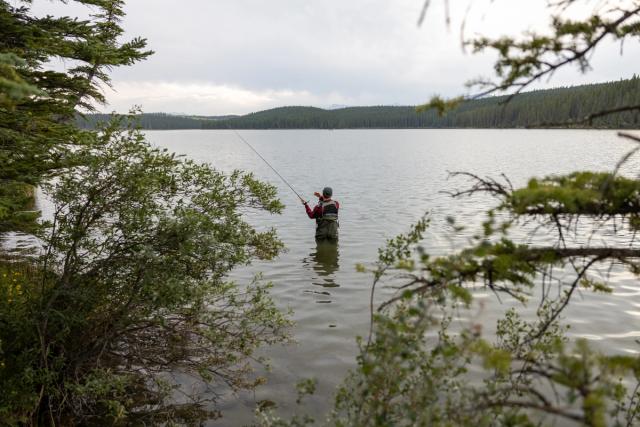 A man fishing at Fish Lake.