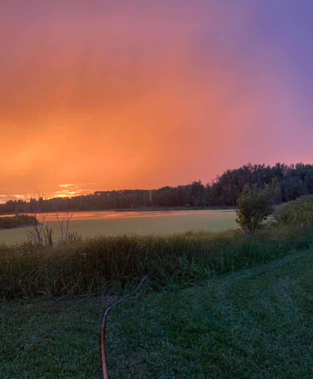 Vibrant sunset glows over a pond and grassy course landscape.