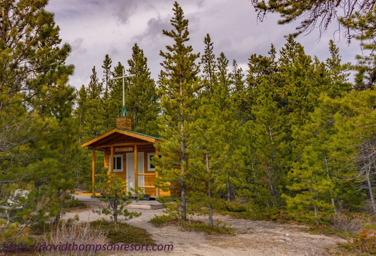 Small wooden chapel with a cross stands among dense evergreen trees.