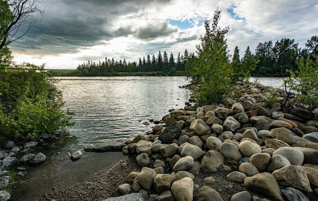 Rocky shore, trees, and water under cloudy sky at Bowness Park