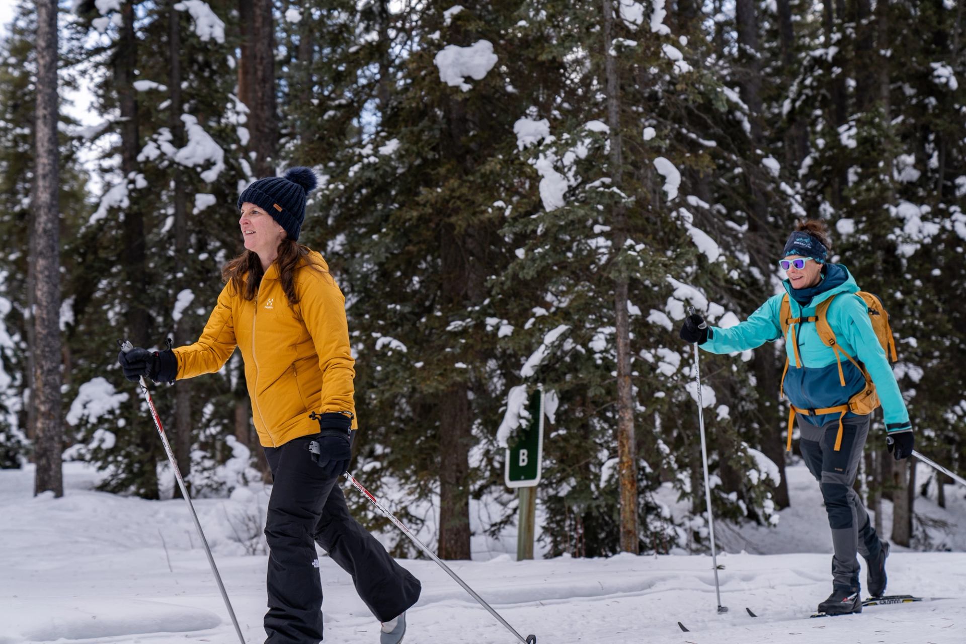 Two people cross-country ski through a snowy forest, wearing bright winter jackets and backpacks.